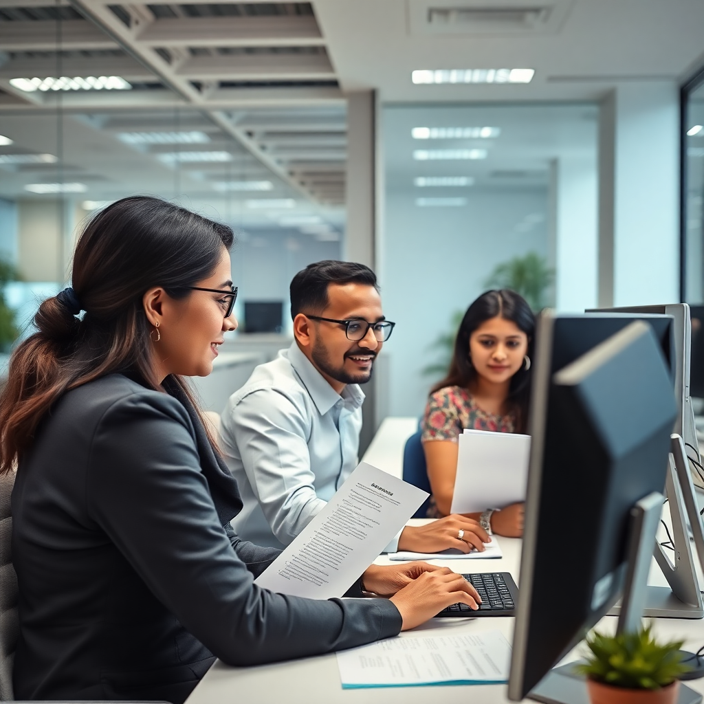 professional Indian office team reviewing documents on computers, modern workspace with people doing background verification checks, corporate setting, clean professional photography